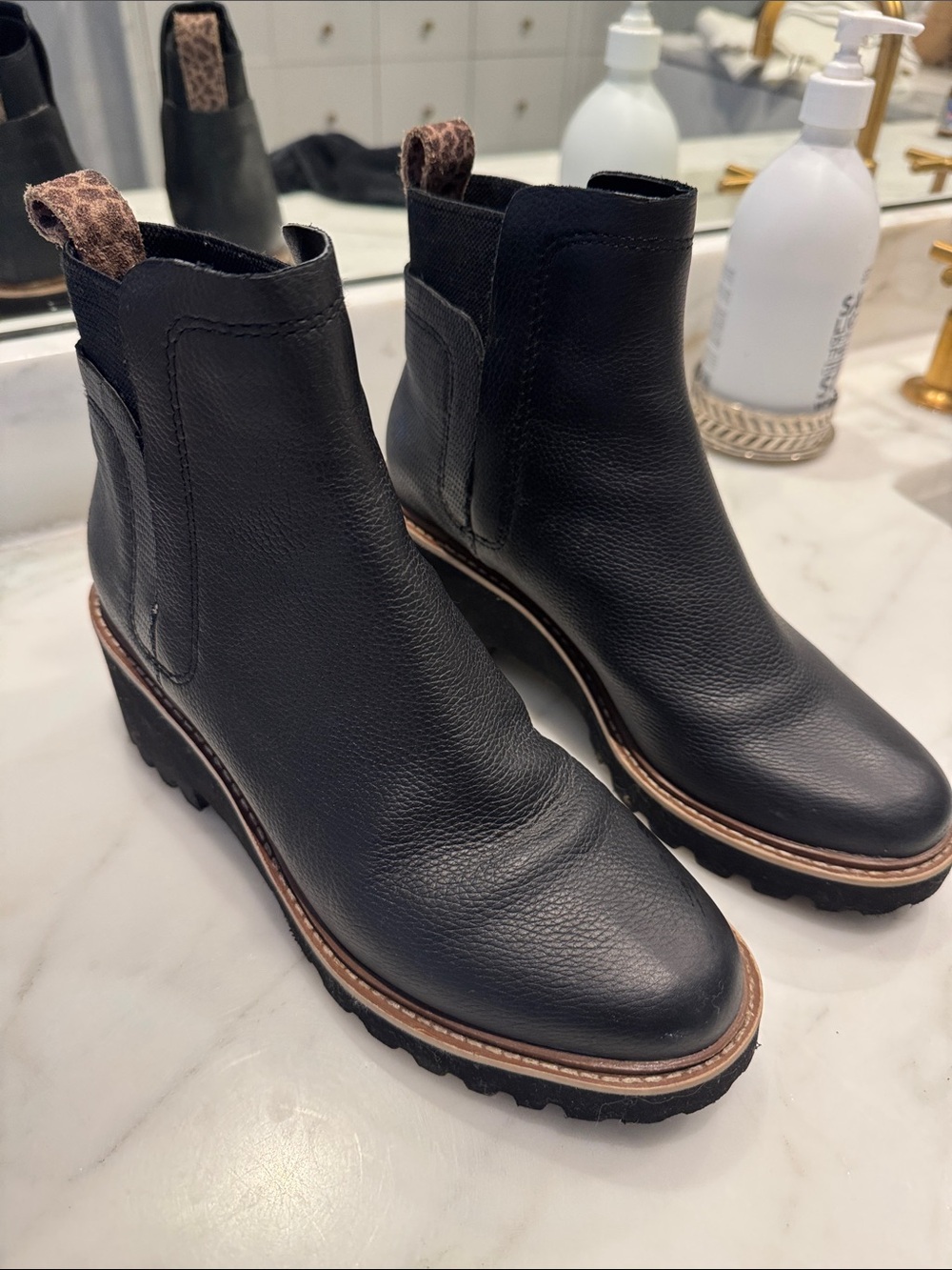 Dolce Vita Black Leather Chelsea Lug Ankle Boots with Brown Trim